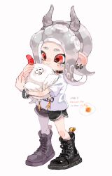 Rule 34 | 1girl, absurdres, animal, bird, black footwear, black shorts, boots, chicken, closed mouth, commentary request, earrings, fake horns, full body, grey hair, grey hairband, grey trim, hairband, highres, holding, holding animal, horns, jewelry, medium hair, myon rio, nintendo, octoling, octoling girl, octoling player character, red eyes, shirt, short shorts, shorts, simple background, smile, solo, splatoon (series), splatoon 2, standing, tentacle hair, white background, white shirt