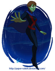 Rule 34 | 1girl, alien, cape, colored skin, dc comics, green skin, miss martian, paper-rabbit, red hair, short hair, solo, superhero costume, young justice