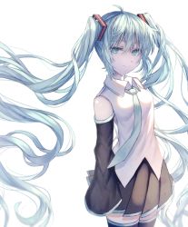 Rule 34 | 1girl, black thighhighs, blouse, blue hair, deep (deep4946), eyebrows hidden by hair, green eyes, hair between eyes, hairband, hatsune miku, highres, long hair, looking at viewer, necktie, shirt, simple background, skirt, smile, solo, thighhighs, twintails, vocaloid, white background