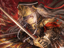 Rule 34 | 1girl, altair (re:creators), blue eyes, coat, collar, commentary, english commentary, evil smile, eyelashes, floating, floating object, floating sword, floating weapon, gauntlets, girlsay, gold trim, hair between eyes, hat, holding, holding sword, holding weapon, long hair, looking at viewer, medium bangs, military uniform, one-eyed, re:creators, red eyes, shako cap, sharp teeth, smile, solo, square pupils, sword, teeth, twintails, two-tone eyes, uniform, weapon, white hair