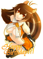 Rule 34 | 1girl, alternate costume, animal ears, antenna hair, arc system works, bare shoulders, black thighhighs, blazblue, blazblue: continuum shift, breasts, brown eyes, brown hair, cleavage, cleavage cutout, clothing cutout, collair (cono), detached sleeves, frilled thighhighs, frills, happy birthday, large breasts, makoto nanaya, midriff, miniskirt, navel, orange skirt, revealing clothes, short hair, skirt, smile, solo, squirrel ears, squirrel tail, tail, thighhighs