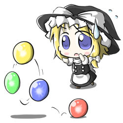 Rule 34 | 1girl, aoblue, ball, blonde hair, blue eyes, chibi, female focus, hat, kirisame marisa, ribbon, short hair, simple background, skirt, solo, sweatdrop, touhou, white background, witch, witch hat
