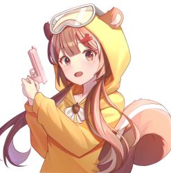 Rule 34 | 1girl, animal ears, bad id, bad pixiv id, blush, brown eyes, brown hair, commentary, commission, ears through headwear, goggles, goggles on headwear, gun, hair ornament, hairclip, hands up, holding, holding gun, holding weapon, hood, hood up, hoodie, kimi (jxrm5387), long hair, looking at viewer, low twintails, multicolored hair, open mouth, original, simple background, solo, squirrel ears, squirrel girl, squirrel tail, streaked hair, tail, twintails, two-handed, upper body, very long hair, weapon, white background, white hair, x hair ornament, yellow hoodie