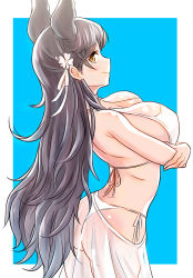 Rule 34 | 1girl, alternate costume, animal ears, arched back, ass, atago (azur lane), atago (summer march) (azur lane), azur lane, back, bad id, bad pixiv id, bikini, black hair, breast hold, breasts, brown eyes, cleavage, cowboy shot, eyelashes, female focus, hair ornament, head wings, keigo inoue, large breasts, legs together, long hair, looking at viewer, looking back, mole, mole under eye, profile, see-through, side-tie bikini bottom, simple background, smile, solo, standing, summer, swimsuit, very long hair, wavy hair, white bikini, wings