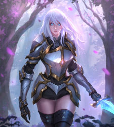 Rule 34 | 1girl, armor, warrior of light (ff14), blue eyes, blurry, blurry background, boots, breastplate, chaosringen, commission, cowboy shot, day, final fantasy, final fantasy xiv, forest, gauntlets, hair between eyes, highres, hip armor, holding, holding sword, holding weapon, hyur, lips, long hair, looking at viewer, motion blur, nature, outdoors, paladin, pauldrons, petals, plate armor, shoulder armor, solo, sword, thigh boots, thighhighs, walking, weapon, white hair, wind