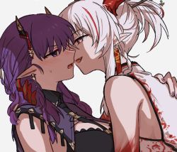 Rule 34 | 2girls, arknights, bare shoulders, black dress, black necktie, blush, breasts, cleavage cutout, clothing cutout, dress, ear blush, earrings, eyes visible through hair, from side, hair ornament, hair stick, hand on another&#039;s back, horn ornament, horn ribbon, horns, imminent kiss, jewelry, lava (arknights), lava the purgatory (arknights), lava the purgatory (dusk wisteria) (arknights), mabing, medium breasts, multicolored hair, multiple girls, necktie, nian (arknights), nian (unfettered freedom) (arknights), official alternate costume, pointy ears, profile, purple eyes, red eyes, red hair, red ribbon, ribbon, short ponytail, silver hair, simple background, sleeveless, sleeveless dress, streaked hair, two-tone hair, v-shaped eyebrows, white background, white dress, yuri