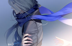 Rule 34 | 1boy, backlighting, bishounen, black coat, blue background, blue eyes, blue neckwear, blue scarf, clothes lift, coat, expressionless, eyelashes, fingernails, floating hair, long hair, looking away, male focus, nu kazuke, outstretched hand, parted lips, profile, scarf, self hug, shaded face, simple background, straight hair, sunlight, twitter username, very long hair, viktor nikiforov, white hair, wind, wind lift, yuri!!! on ice, yuri!!! on ice the movie: ice adolescence