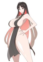Rule 34 | 1girl, black dress, black hair, breasts, cleavage, closed mouth, colored inner hair, dress, goddess of victory: nikke, highres, hip vent, large breasts, long hair, long sleeves, looking at viewer, moran (nikke), multicolored hair, red eyes, red hair, sideboob, simple background, smile, solo, thighs, yoonsun