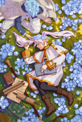 Rule 34 | 1boy, 1girl, black pantyhose, blue flower, blue hair, book, boots, brown footwear, capelet, closed eyes, closed mouth, commentary, drop earrings, earrings, elf, english commentary, flower, flower wreath, frieren, from above, gold trim, head wreath, highres, himmel (sousou no frieren), holding, holding book, jewelry, long hair, lying, on grass, on side, open book, oshetart, pantyhose, pointy ears, scroll, sousou no frieren, staff, twintails, white capelet, white hair