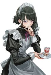 Rule 34 | 1girl, apron, black dress, black hair, cowboy shot, dress, ear piercing, frilled apron, frills, glass, highres, holding, holding plate, holding spoon, infukun, looking at viewer, maid, maid apron, maid headdress, mole, mole under mouth, original, parted lips, piercing, plate, purple eyes, short hair, smile, solo, spoon, white apron, white background
