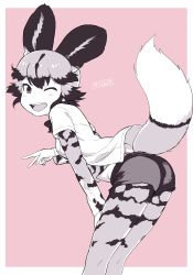 Rule 34 | 1girl, ;d, african wild dog (kemono friends), african wild dog print, animal ears, animal print, arm support, ass, border, commentary request, dog ears, dog girl, dog tail, extra ears, from side, hand up, highres, kemono friends, layered sleeves, leaning forward, long sleeves, looking at viewer, looking to the side, masuyama ryou, midriff peek, multicolored hair, one eye closed, open clothes, open mouth, open shirt, outstretched arm, pantyhose, pantyhose under shorts, print pantyhose, print shirt, shirt, short hair, short over long sleeves, short sleeves, shorts, sidelocks, smile, solo, standing, stomach, tail, undershirt, v