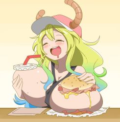Rule 34 | 1girl, blonde hair, blue hair, blush, grabbing another&#039;s breast, breasts, drinking, drooling, closed eyes, female focus, food, food on body, food on breasts, grabbing, green hair, hat, highres, horns, huge breasts, kobayashi-san chi no maidragon, lucoa (maidragon), matsu-sensei, meat, mouth drool, multicolored hair, open mouth, sandwich, sitting, smile, solo