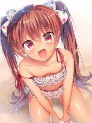 Rule 34 | 10s, 1girl, bikini, bikini skirt, bow, breasts, brown hair, dark-skinned female, dark skin, downblouse, fangs, frilled bikini, frills, from above, hair bow, highres, kantai collection, libeccio (kancolle), long hair, looking at viewer, ntk (7t5), open mouth, polka dot, polka dot bow, red eyes, shiny skin, sitting, small breasts, smile, solo, strap slip, swimsuit, twintails, very long hair, white bikini, white bow