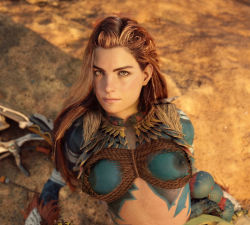 Rule 34 | 1girl, 3d, aloy (horizon), bodypaint, braid, breasts, female focus, freckles, game console, horizon (video game), horizon forbidden west, horizon zero dawn, long hair, looking at viewer, medium breasts, messy hair, navel, nipples, non-web source, outdoors, red hair, solo, upper body