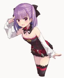 Rule 34 | 1girl, bare shoulders, belt, black bow, black skirt, black thighhighs, blush, bow, breasts, cropped legs, detached collar, detached sleeves, fate/grand order, fate (series), grey background, hair bow, hand up, helena blavatsky (fate), leaning forward, looking at viewer, open mouth, purple eyes, purple hair, quro (black river), short hair, simple background, skirt, small breasts, smile, solo, thighhighs