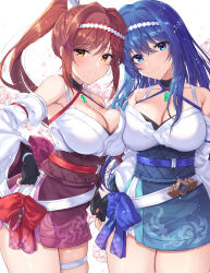 Rule 34 | 2girls, alternate costume, awayuki ramika, black gloves, blue eyes, blue hair, blush, breast press, breasts, caeda (fire emblem), chest jewel, cleavage, commentary request, commission, core crystal (xenoblade), cosplay, crossover, detached sleeves, fingerless gloves, fire emblem, fire emblem: mystery of the emblem, fire emblem: shadow dragon and the blade of light, glimmer (xenoblade), glimmer (xenoblade) (cosplay), gloves, highres, large breasts, long hair, looking at viewer, multiple girls, nintendo, obi, ponytail, red hair, sash, skeb commission, smile, thighs, very long hair, white background, xenoblade chronicles (series), xenoblade chronicles 3, yellow eyes