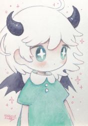 Rule 34 | + +, 1girl, black horns, black wings, blush, bright pupils, dated, dress, expressionless, green dress, green eyes, highres, horns, no nose, original, painting (medium), short sleeves, signature, solo, symbol-shaped pupils, traditional media, watercolor (medium), white pupils, wings, zukky000