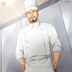 Rule 34 | 1boy, bara, beard, brown eyes, brown hair, chef, chef hat, chef, commentary request, facial hair, hat, isekai shokudou, isomine, male focus, mature male, muscular, muscular male, mustache, open mouth, tenshu (isekai shokudou), short hair, smile, solo