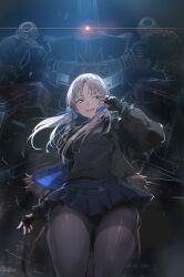 Rule 34 | 1girl, absurdres, arm up, black gloves, black jacket, black shirt, blue eyes, blue ribbon, blue skirt, breasts, character request, commentary, copyright request, fingerless gloves, from below, gloves, grey hair, highres, jacket, las91214, long hair, looking at viewer, mecha, medium breasts, pantyhose, ribbon, robot, shirt, skirt, smile, solo, symbol-only commentary, teeth, thighband pantyhose, thighs, upper teeth only, very long hair