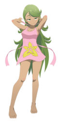 Rule 34 | 1girl, absurdres, alternate hairstyle, apron, blush, breasts, condom, condom in mouth, creatures (company), dark-skinned female, dark skin, feet, female focus, full body, game freak, green eyes, green hair, half-closed eyes, highres, long hair, looking at viewer, mallow (pokemon), medium breasts, mouth hold, naked apron, navel, nintendo, overalls, pokemon, pokemon sm, seductive smile, sideboob, smile, solo, untying, yang meiling