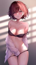 Rule 34 | 1girl, absurdres, arm behind back, atychi, bare shoulders, black bra, black panties, blush, bra, breasts, brown hair, cleavage, clenched teeth, collarbone, covering crotch, covering privates, cowboy shot, embarrassed, hair ornament, hairclip, highres, higuchi madoka, idolmaster, idolmaster shiny colors, long sleeves, looking at viewer, medium breasts, mole, mole under eye, navel, nose blush, off shoulder, panties, panty pull, parted lips, purple eyes, short hair, sleeves past fingers, sleeves past wrists, solo, strap slip, teeth, thigh gap, underwear, v-shaped eyebrows, window shadow