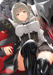 Rule 34 | 1girl, absurdres, azur lane, black bow, black bowtie, black footwear, black skirt, boots, bow, bowtie, breasts, collared shirt, from below, grey eyes, grey hair, high-waist skirt, highres, holding, holding toy, large breasts, long sleeves, looking at viewer, looking down, luetzow (azur lane), miniskirt, non-humanoid robot, nukege ojisan, pleated skirt, ribbed shirt, rigging, robot, robot animal, shirt, sitting, skirt, solo, stitches, stuffed animal, stuffed toy, teeth, thigh boots, thighhighs, toy, underbust, white shirt, zettai ryouiki
