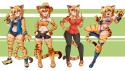 Rule 34 | 1girl, absurdres, alternate costume, animal ears, animal print, bikini, blue bikini, breasts, cat ears, cat girl, cat tail, curvy, domino mask, employee uniform, full body, gym uniform, highres, jumping, large breasts, looking at viewer, lucyfer, mask, medium hair, multiple views, nail polish, navel, original, revealing clothes, shiny clothes, short shorts, shorts, simple background, sportswear, standing, swimsuit, tail, thong, thong bikini, tiger ears, tiger print, tiger tail, tuka (lucyfer), uniform, white bikini, wide hips, wrestling, wrestling outfit, yellow eyes