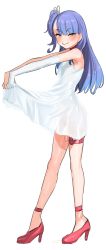 Rule 34 | 1girl, bare shoulders, blue hair, blush, clothes lift, dress, dress lift, elbow gloves, full body, gloves, high heels, highres, lifted by self, long hair, looking at viewer, original, pink footwear, pussy juice, sex toy, side ponytail, simple background, single glove, sleeveless, sleeveless dress, smile, solo, suisogenshi, sweat, vibrator, white background, white dress, white gloves, yellow eyes
