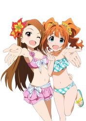 Rule 34 | 2girls, :d, ;d, absurdres, artist request, bikini, blue eyes, breasts, brown hair, cleavage, female focus, flip-flops, flower, foreshortening, front-tie top, green bikini, hair flower, hair intakes, hair ornament, hairband, happy, highres, idolmaster, idolmaster (classic), leg up, long hair, looking at viewer, minase iori, multiple girls, navel, official art, one eye closed, open mouth, orange hair, outstretched hand, pink bikini, plaid, plaid bikini, polka dot, polka dot bikini, polka dot swimsuit, red eyes, sandals, small breasts, smile, swimsuit, takatsuki yayoi, thigh gap, third-party edit, transparent background, twintails, wink