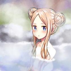 Rule 34 | 1girl, :t, abigail williams (fate), blonde hair, blue eyes, blurry, blurry background, blush, cannon fodder, closed mouth, collarbone, commentary request, depth of field, double bun, fate/grand order, fate (series), forehead, hair bun, highres, long hair, looking at viewer, nude, onsen, parted bangs, partially submerged, pout, reflection, side bun, solo, steam, water, wavy mouth