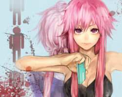 Rule 34 | 1girl, back-to-back, bad hands, bad id, bad pixiv id, bare shoulders, blood, blood splatter, breasts, cellphone, dual persona, eyelashes, gasai yuno, highres, lips, long hair, looking at viewer, mirai nikki, phone, pink eyes, pink hair, solo, tcb, upper body