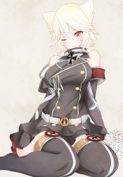 Rule 34 | 1girl, aiguillette, animal ears, armband, bare shoulders, belt, bismarck (warship girls r), black jacket, black skirt, black thighhighs, blush, bouquet, breasts, buttons, closed mouth, collar, cross, detached sleeves, double-breasted, flower, full body, highres, iron cross, jacket, large breasts, looking at viewer, md5 mismatch, military jacket, one eye closed, pleated skirt, red eyes, remodel (warship girls r), resolution mismatch, short hair, sitting, skirt, solo, source smaller, suiren (mystia6b), thighhighs, warship girls r, white belt, white hair, yokozuwari