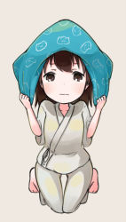 Rule 34 | 10s, 1girl, alternate hairstyle, barefoot, beige background, brown eyes, brown hair, commentary request, covering head, full body, japanese clothes, kaga (kancolle), kantai collection, kneeling, looking at viewer, nakashino setsu, pajamas, pillow, scared, short sleeves, simple background, solo, wavy mouth, aged down