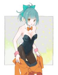Rule 34 | 1girl, :d, aqua bow, aqua hair, bare arms, bare shoulders, black leotard, black pantyhose, blunt bangs, blush, bodysuit, bow, bowtie, breasts, brown eyes, cleavage, detached collar, dotted background, ebi (emybiii), hair bow, kantai collection, leotard, looking at viewer, medium breasts, open mouth, orange bodysuit, orange bow, orange bowtie, outside border, pantyhose, ponytail, short hair, smile, solo, standing, undressing, wrist cuffs, yuubari (kancolle)