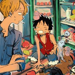 Rule 34 | 3boys, blonde hair, crossed arms, crying, food, ghost, head bump, highres, looking at another, looking back, makenevemoiine, male focus, monkey d. luffy, multiple boys, one piece, open mouth, refrigerator, reindeer, sanji (one piece), tony tony chopper