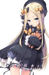 Rule 34 | 1girl, :o, abigail williams (fate), bankoku ayuya, black bow, black dress, black hat, black ribbon, blonde hair, bloomers, blue eyes, blush, bow, commentary request, contrapposto, cowboy shot, dress, fate/grand order, fate (series), forehead, frills, hair bow, hat, hugging doll, hugging object, long hair, long sleeves, looking at viewer, orange bow, parted bangs, parted lips, ribbon, sidelocks, simple background, sleeves past fingers, sleeves past wrists, solo, standing, star (symbol), star print, stuffed animal, stuffed toy, teddy bear, underwear, white background