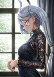 Rule 34 | 1girl, absurdres, ahoge, alternate costume, black shirt, breasts, curtains, earrings, floral print, from side, grey eyes, grey hair, gundam, gundam suisei no majo, highres, jewelry, long sleeves, looking at viewer, looking to the side, miorine rembran, nonoa-cg, parted lips, see-through, see-through sleeves, shirt, short hair, small breasts, solo, upper body, window
