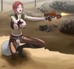 Rule 34 | 1girl, blush, boots, borderlands (series), breasts, bullet, chaps, covered erect nipples, desert, dual wielding, fingerless gloves, gloves, gun, holding, jacket, large breasts, lilith (borderlands), naughty face, nipples, open clothes, open shirt, pussy, red hair, shirt, short hair, squatting, third-party edit, tongue, torn clothes, uncensored, weapon