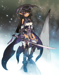 Rule 34 | 1girl, armor, bad id, bad pixiv id, bare shoulders, black hair, blade (galaxist), blue eyes, breasts, cape, covered erect nipples, dark-skinned female, dark skin, gloves, hime cut, horns, long hair, looking at viewer, original, pointy ears, small breasts, snow, snowing, solo, sword, tan, weapon