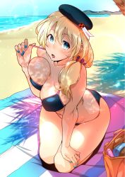 Rule 34 | 10s, 1girl, aqua eyes, atago (kancolle), bag, beach, bikini, blonde hair, blush, breast press, breasts, day, hat, highres, kantai collection, large breasts, long hair, ocean, ojo (dfreak), open mouth, revision, seiza, sitting, solo, swimsuit