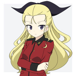 Rule 34 | 1girl, assam (girls und panzer), black ribbon, blonde hair, blue eyes, closed mouth, commentary, crossed arms, girls und panzer, grey background, hair pulled back, hair ribbon, highres, ichinose jun, jacket, long hair, long sleeves, looking at viewer, military uniform, red jacket, ribbon, simple background, smile, solo, st. gloriana&#039;s military uniform, uniform, upper body