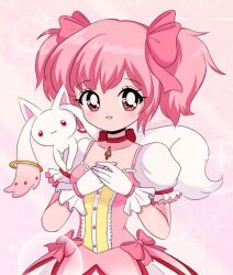 Rule 34 | 1girl, animal, animal on shoulder, artist name, blush, bow, bow choker, bubble skirt, buttons, chellyko, chest jewel, choker, collarbone, creature, dot nose, dress, dress bow, eyelashes, facing viewer, frilled gloves, frills, gloves, grin, hair bow, highres, kaname madoka, kyubey, looking at viewer, magical girl, mahou shoujo madoka magica, open mouth, own hands together, pink background, pink bow, pink dress, pink eyes, pink gemstone, pink hair, pink theme, puffy short sleeves, puffy sleeves, red choker, short dress, short hair, short sleeves, short twintails, simple background, skirt, smile, solo, soul gem, sparkle, square neckline, teeth, twintails, upper body, white gloves, white sleeves