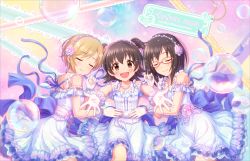 Rule 34 | 10s, 3girls, aiba yumi, akagi miria, artist request, black hair, blonde hair, blush, bow, brown eyes, bubble, character name, closed eyes, dress, flower, frills, glasses, gloves, hair flower, hair ornament, idolmaster, idolmaster cinderella girls, idolmaster cinderella girls starlight stage, jewelry, kamijo haruna, lace, multiple girls, necklace, official art, open mouth, outstretched arms, ribbon, rose, short hair, sleeveless, sleeveless dress, smile, twintails, two side up