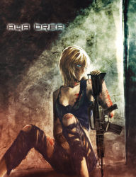 Rule 34 | 1girl, assault rifle, aya brea, blonde hair, blood, blue eyes, character name, gun, highres, litlicha, m4 carbine, parasite eve, parasite eve the 3rd birthday, rifle, solo, torn clothes, weapon