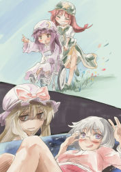 Rule 34 | &gt;:o, 4girls, :o, bespectacled, blonde hair, blue eyes, blush stickers, book, brown eyes, character request, chinese clothes, crescent moon, closed eyes, glasses, grass, hair between eyes, hat, hat ribbon, holding, holding book, hong meiling, japanese clothes, kimono, long hair, looking at viewer, looking away, looking to the side, lying, moon, multiple girls, patchouli knowledge, pointing, purple hair, red hair, ribbon, shaded face, short hair, silver hair, smiley face, smirk, star (symbol), straight hair, tangzhuang, touhou, v-shaped eyebrows, walking, wheelchair, yakumo yukari, yohane, aged down