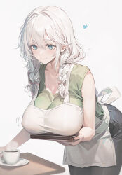 Rule 34 | 1girl, apron, black pants, blue eyes, braid, breasts, collarbone, commentary request, cup, green shirt, holding, holding cup, holding tray, kurono mitsuki, large breasts, leaning forward, original, pants, purple hair, shirt, sidelocks, simple background, sleeveless, sleeveless shirt, smile, solo, tray, twin braids, white apron, white background