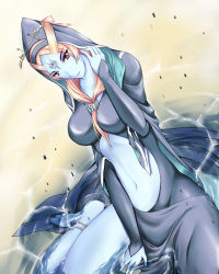 Rule 34 | 1girl, blue skin, breasts, cleavage, colored skin, front ponytail, microspace, midna, midna (true), nintendo, orange hair, pointy ears, red eyes, solo, spoilers, the legend of zelda, the legend of zelda: twilight princess, wet