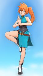 Rule 34 | 1girl, :d, black footwear, blue background, blue dress, blue eyes, boku no hero academia, boots, bright pupils, china dress, chinese clothes, commentary, corset, dress, english commentary, full body, greatm8, highres, kendou itsuka, long hair, looking at viewer, open mouth, orange hair, own hands together, palms together, photoshop (medium), shorts under dress, side ponytail, simple background, sleeveless, sleeveless dress, smile, solo, source filmmaker (medium), standing, standing on one leg, teeth, upper teeth only, white pupils