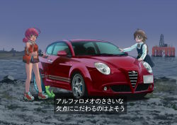 Rule 34 | 2girls, :d, ahoge, alfa romeo, alfa romeo giulietta, amemiya sekira, animal, bare shoulders, black dress, black gloves, black socks, blue sky, breasts, brown hair, brown shorts, car, closed mouth, collared shirt, commentary request, crop top, crown, day, dress, fang, fingerless gloves, glasses, gloves, green-framed eyewear, green eyes, highres, jacket, long hair, long sleeves, mini crown, motor vehicle, multiple girls, neck ribbon, open clothes, open jacket, open mouth, original, outdoors, personification, pinafore dress, pink hair, pleated dress, purple eyes, red footwear, red jacket, red ribbon, ribbon, sekira ame, semi-rimless eyewear, shirt, shoes, short shorts, shorts, sky, sleeveless, sleeveless dress, small breasts, smile, snake, socks, standing, translation request, two side up, under-rim eyewear, vehicle focus, very long hair, white shirt
