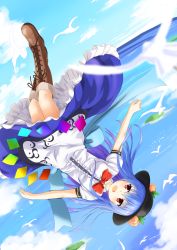 Rule 34 | 1girl, :d, bird, black hat, blouse, blue hair, blue skirt, blue sky, bluekalmia, blush, boots, bow, bowtie, brown footwear, cloud, cross-laced footwear, day, food, foreshortening, frills, fruit, full body, hat, highres, hinanawi tenshi, island, lace-up boots, leaf, long hair, looking away, ocean, open mouth, outstretched arms, peach, puffy short sleeves, puffy sleeves, rainbow order, red bow, red bowtie, red eyes, shirt, short sleeves, skirt, sky, smile, solo, spread arms, touhou, upside-down, white shirt